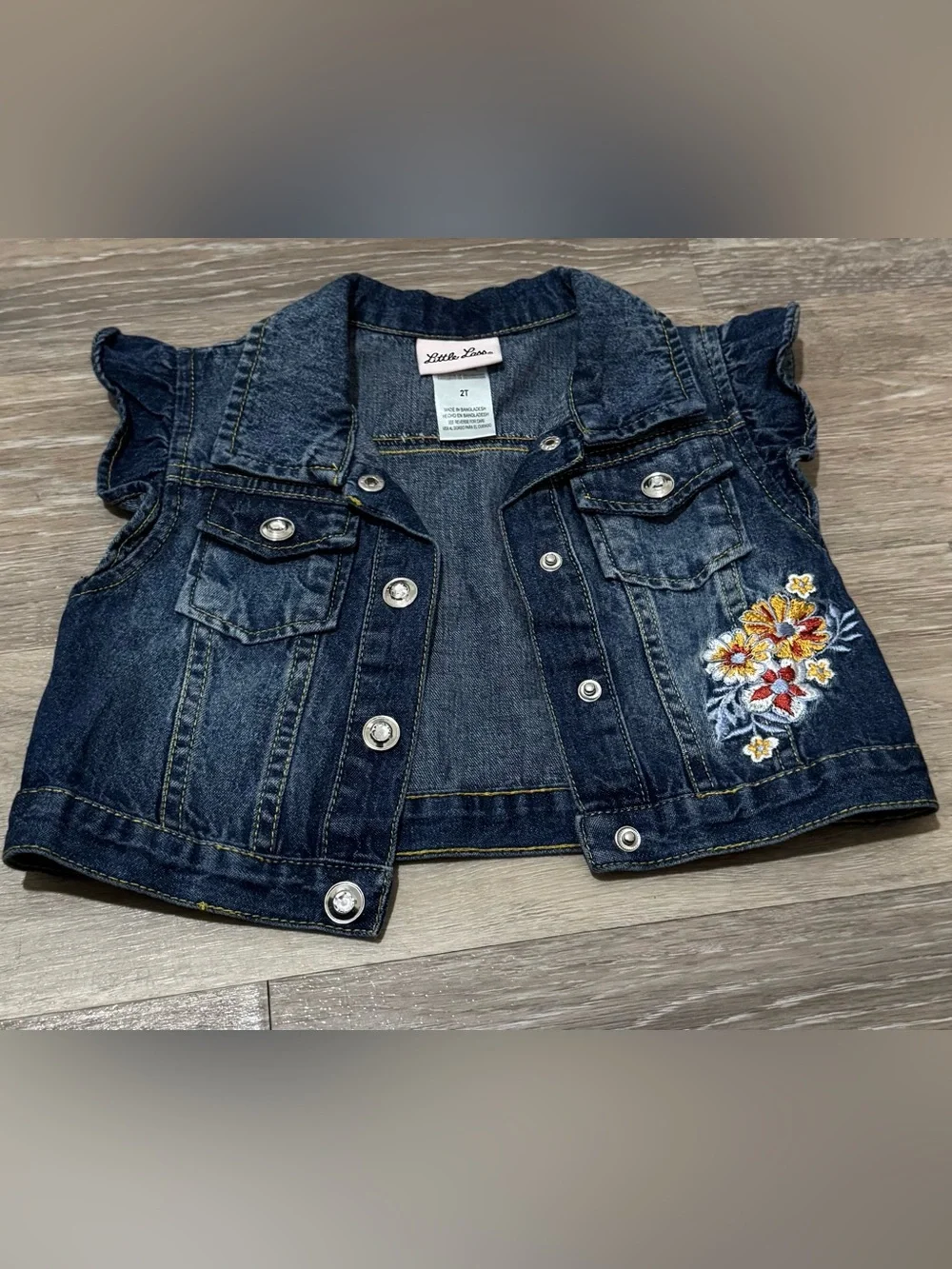 Little Lass Dark Blue Denim Jacket with Floral Accent